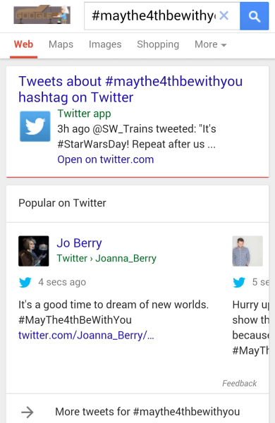 Tuits en Google acerca de #MayThe4thBeWithYou