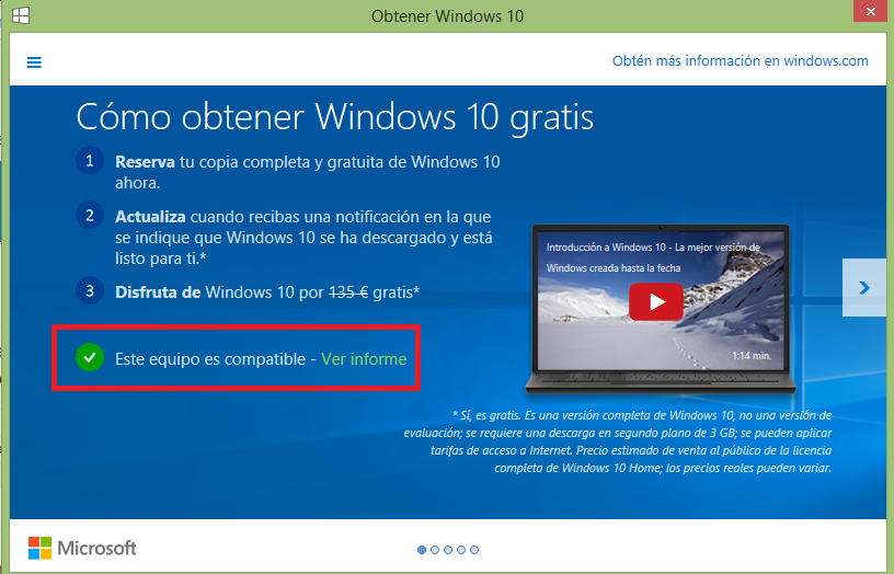 actualizar a windows 10 compatible