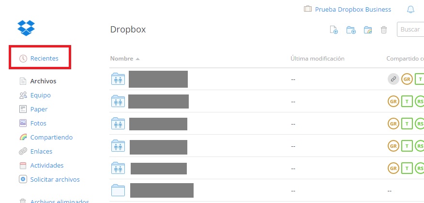 Dropbox funcionalidad recents